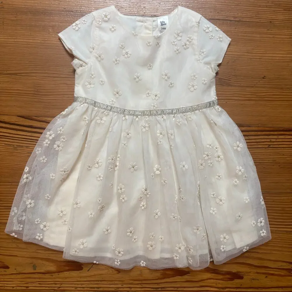 OshKosh B'gosh ivory floral embroidered short sleeve tulle girls dress SIZE 24M